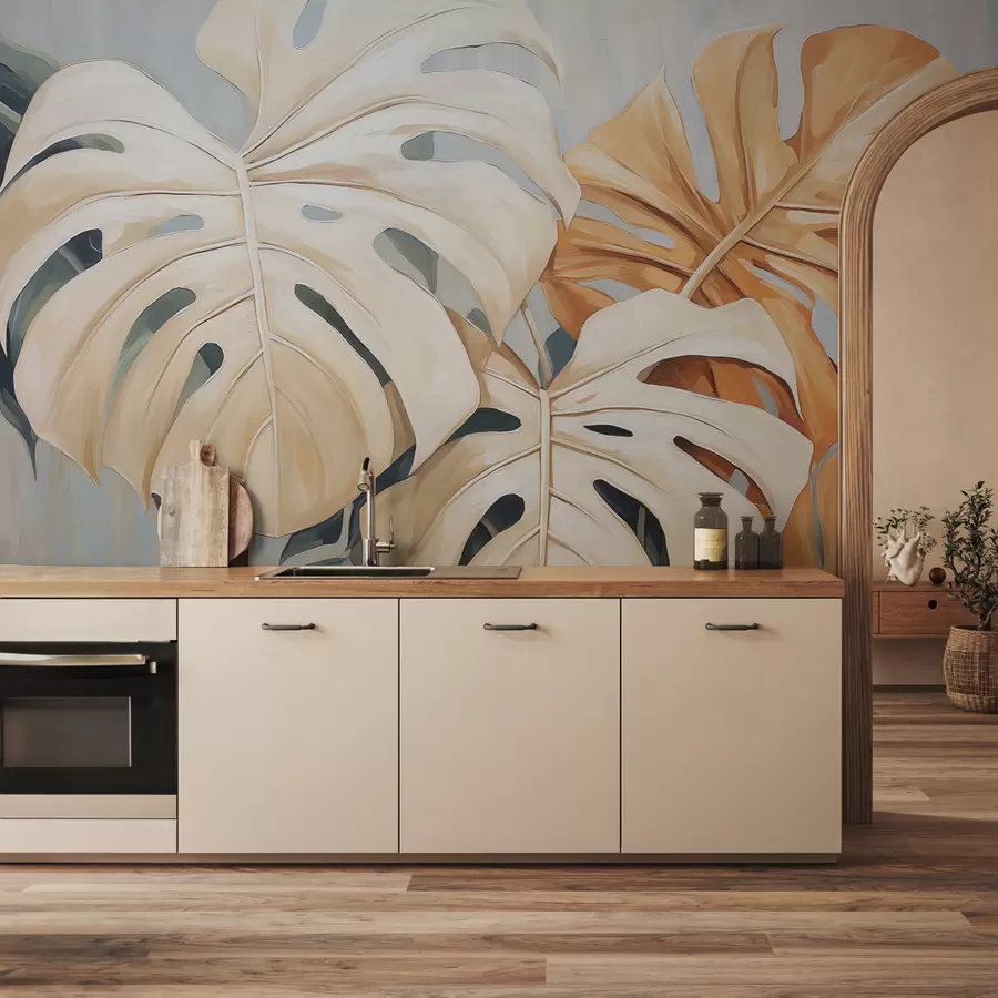 murales de pared Hojas de monstera, color azul, blanco, naranja w08124