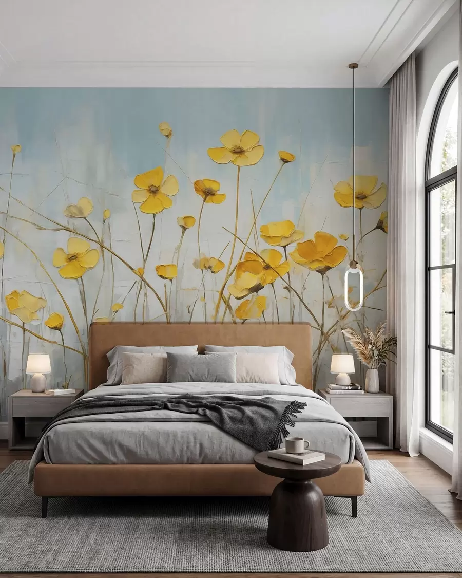 murales de pared Pequeñas flores amarillas sobre pintura al óleo azul w08129
