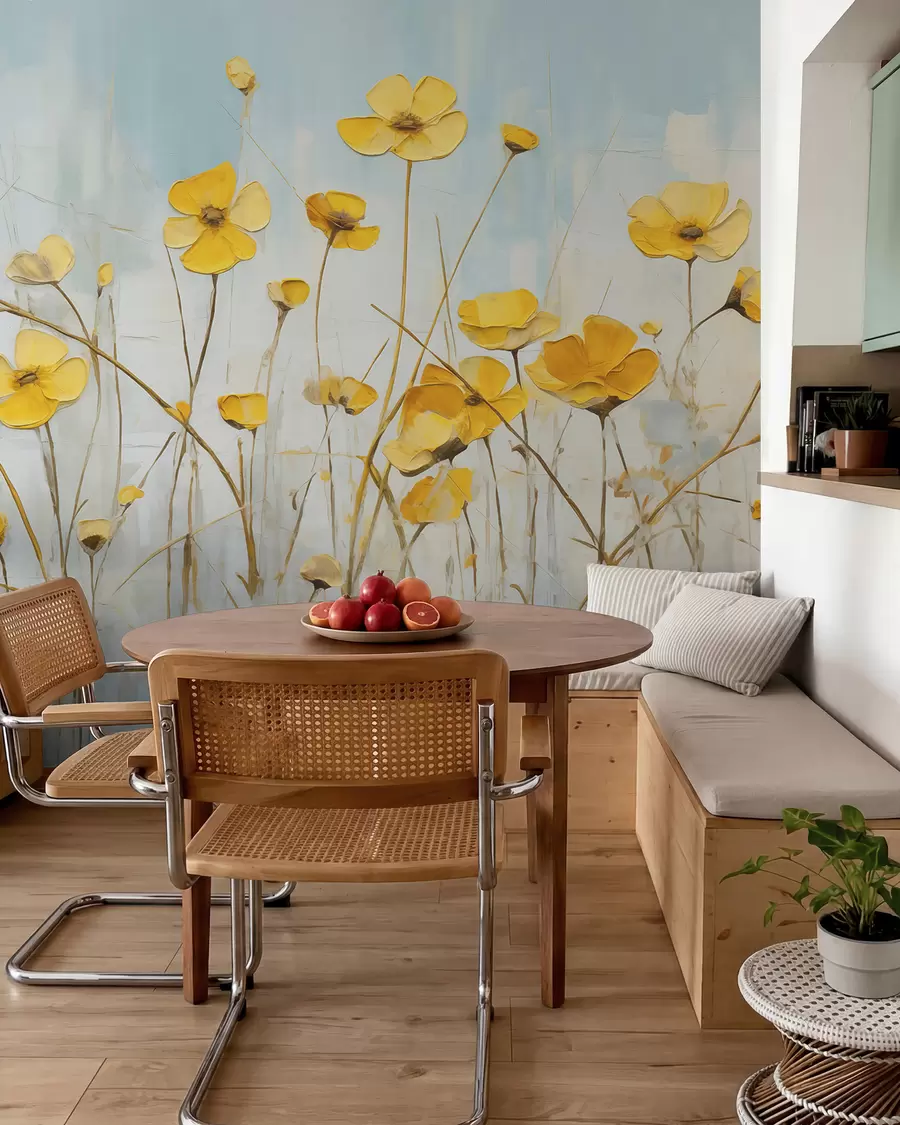 murales de pared Pequeñas flores amarillas sobre pintura al óleo azul w08129