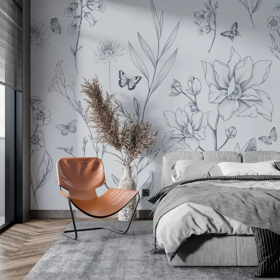 murales de pared Flores y mariposas monocromáticas boho en azul w08088v2