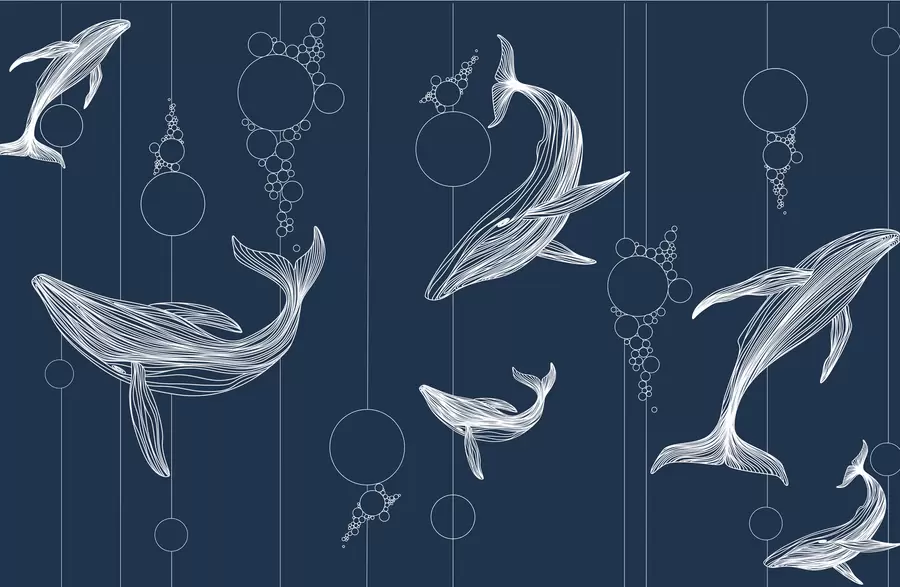 murales de pared Ballenas y abstracción sobre fondo azul w08074v1