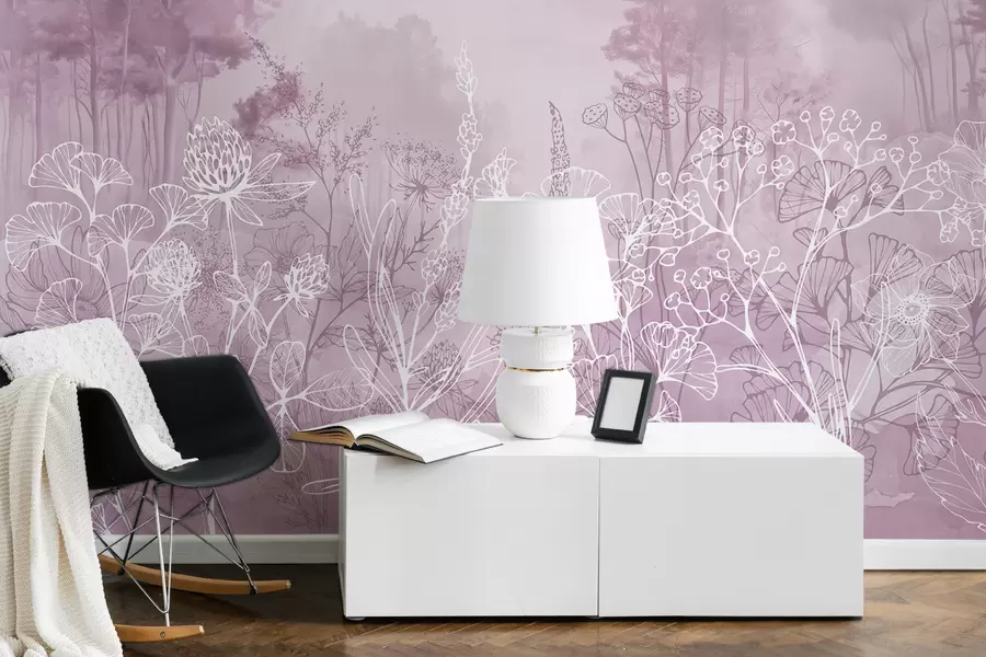 murales de pared Flores de dibujo lineal, paisaje forestal, naturaleza, realismo, paleta de colores rosas w08144v3