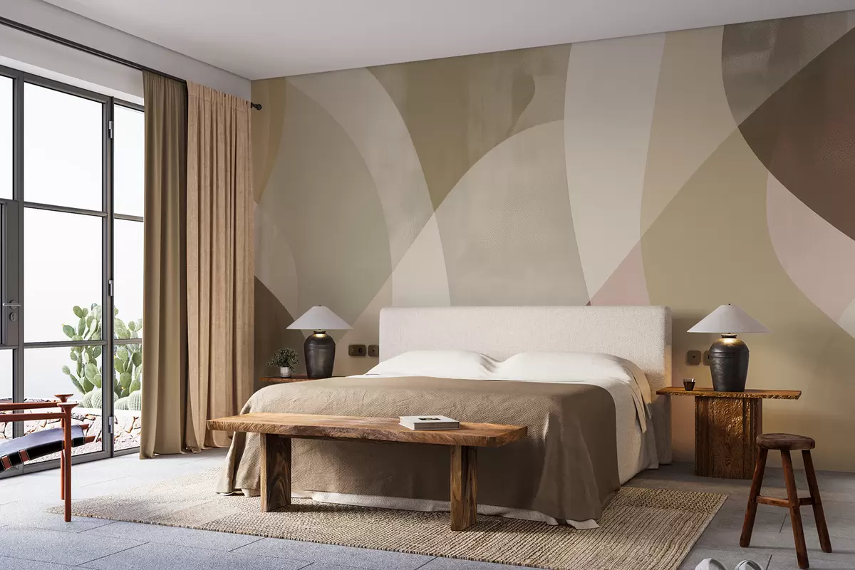 murales de pared Curvas suaves en tonos apagados con líneas fluidas y degradados beige, minimalista y moderno. w01334v1