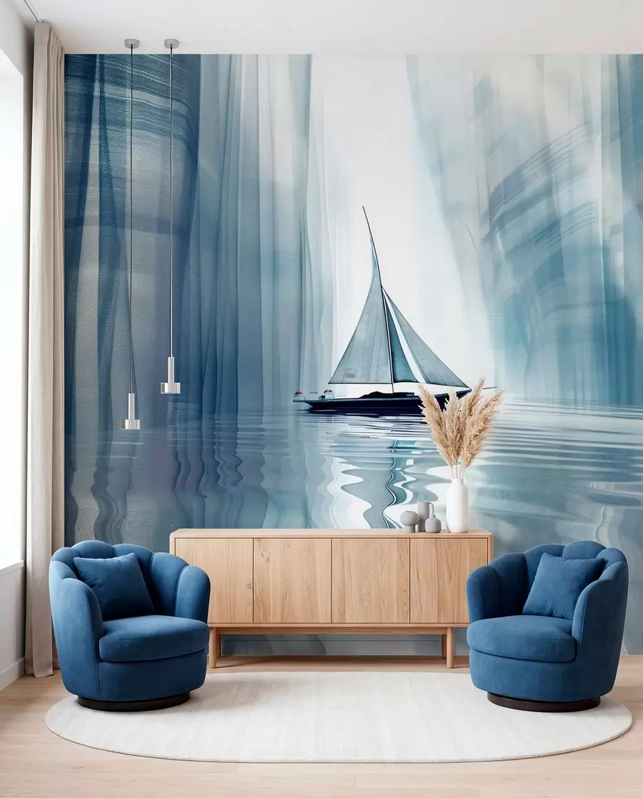 murales de pared Barco en el agua en estilo futurista con colores azules w01338