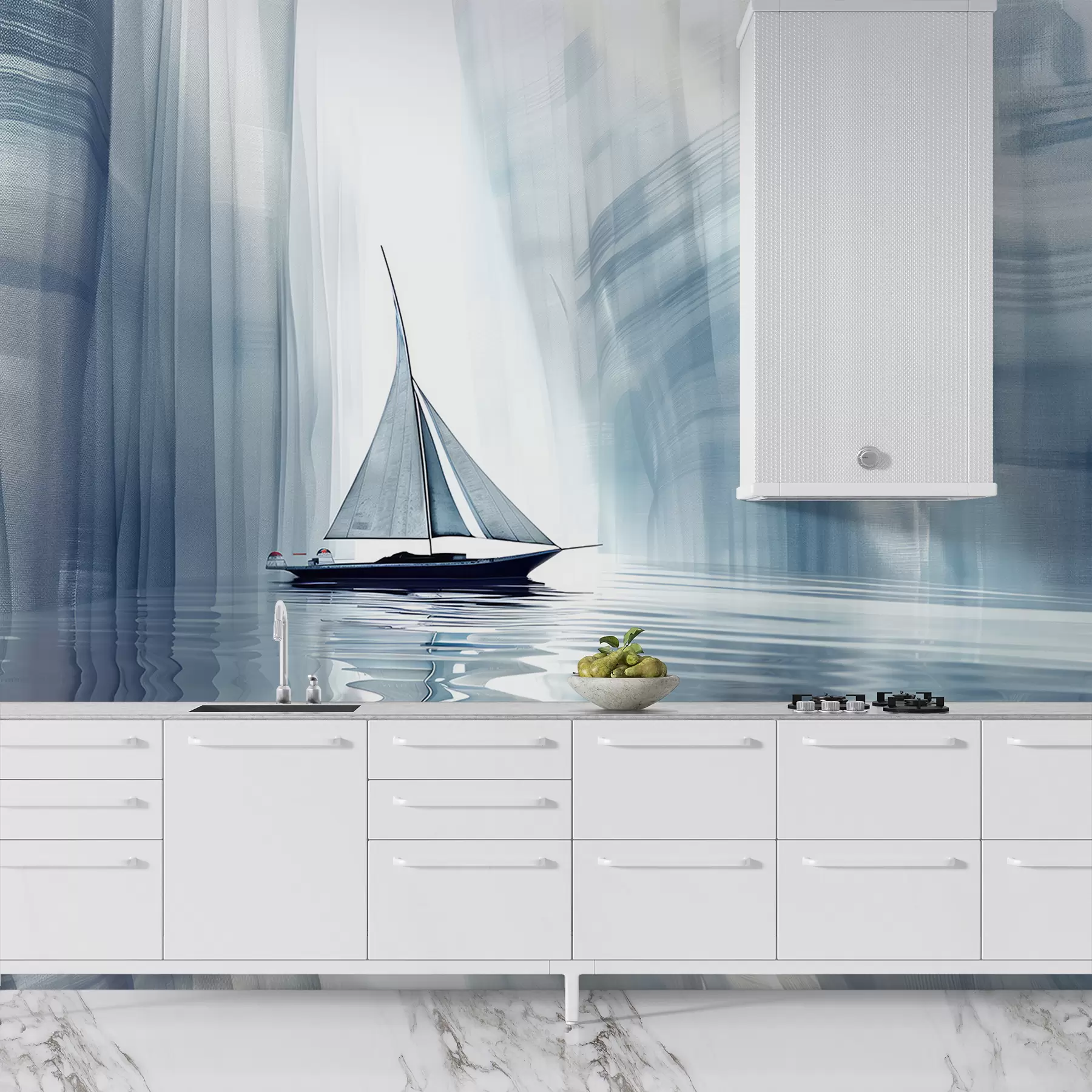 murales de pared Barco en el agua en estilo futurista con colores azules w01338