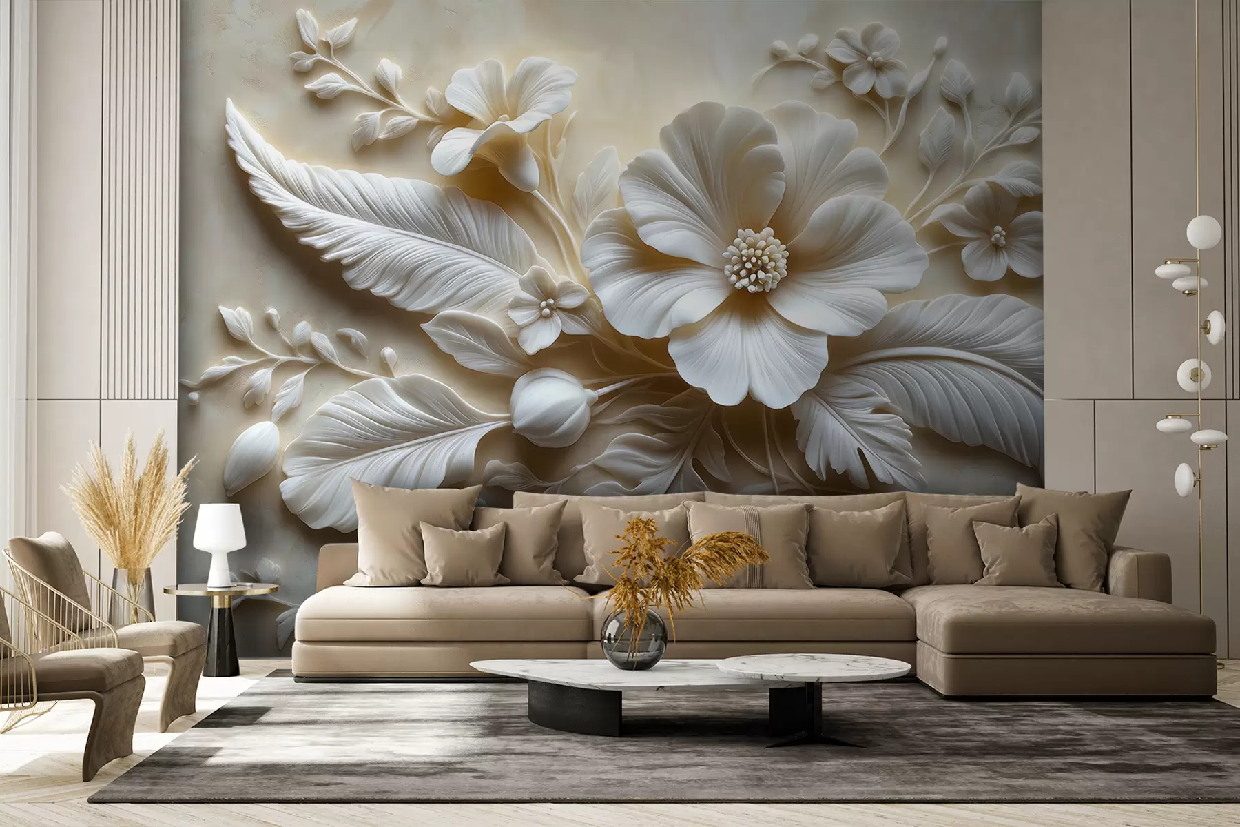 murales de pared Arte de pared en relieve 3D con plumas y flores, con una gran amapola en colores beige w01340