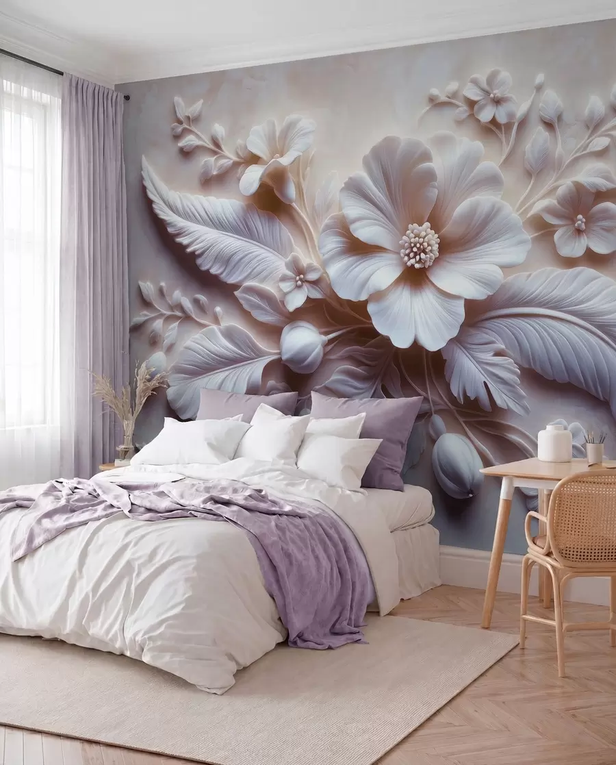murales de pared Arte de pared en relieve 3D con plumas y flores, con una gran amapola en colores rosa claro w01340v1