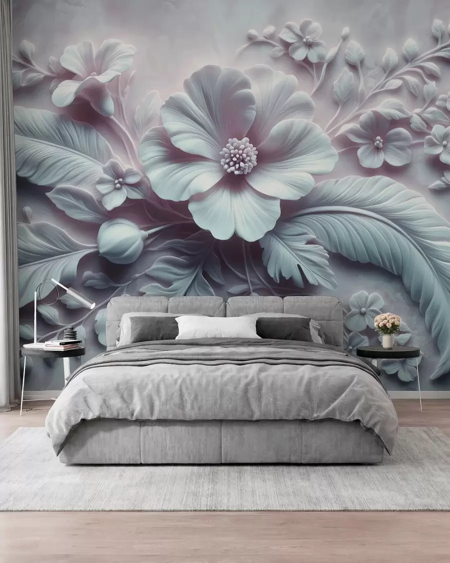 murales de pared Arte de pared en relieve 3D con plumas y flores, con una gran amapola en colores azul claro w01340v2