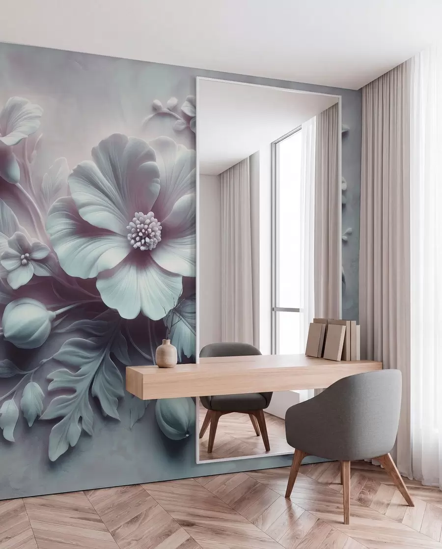 murales de pared Arte de pared en relieve 3D con plumas y flores, con una gran amapola en colores azul claro w01340v2