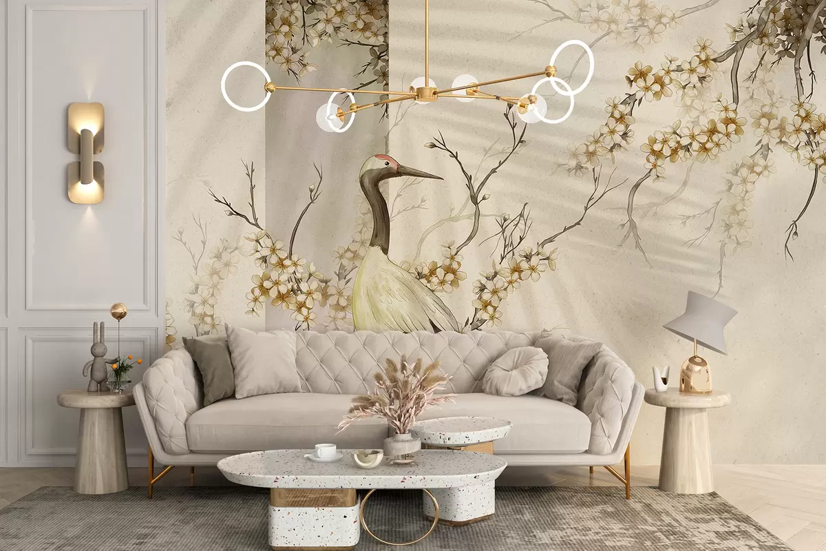murales de pared Una grulla blanca parada sobre una rama con flores florecientes, contra un fondo suave y borroso w08159