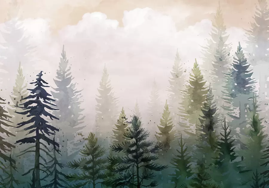 murales de pared Bosque de altos pinos de hoja perenne en un entorno brumoso y lleno de un paisaje de nubes suaves y brumosas w08160