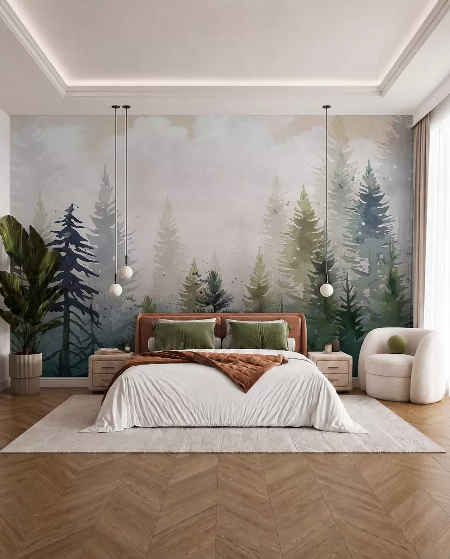 murales de pared Bosque de altos pinos de hoja perenne en un entorno brumoso y lleno de un paisaje de nubes suaves y brumosas w08160