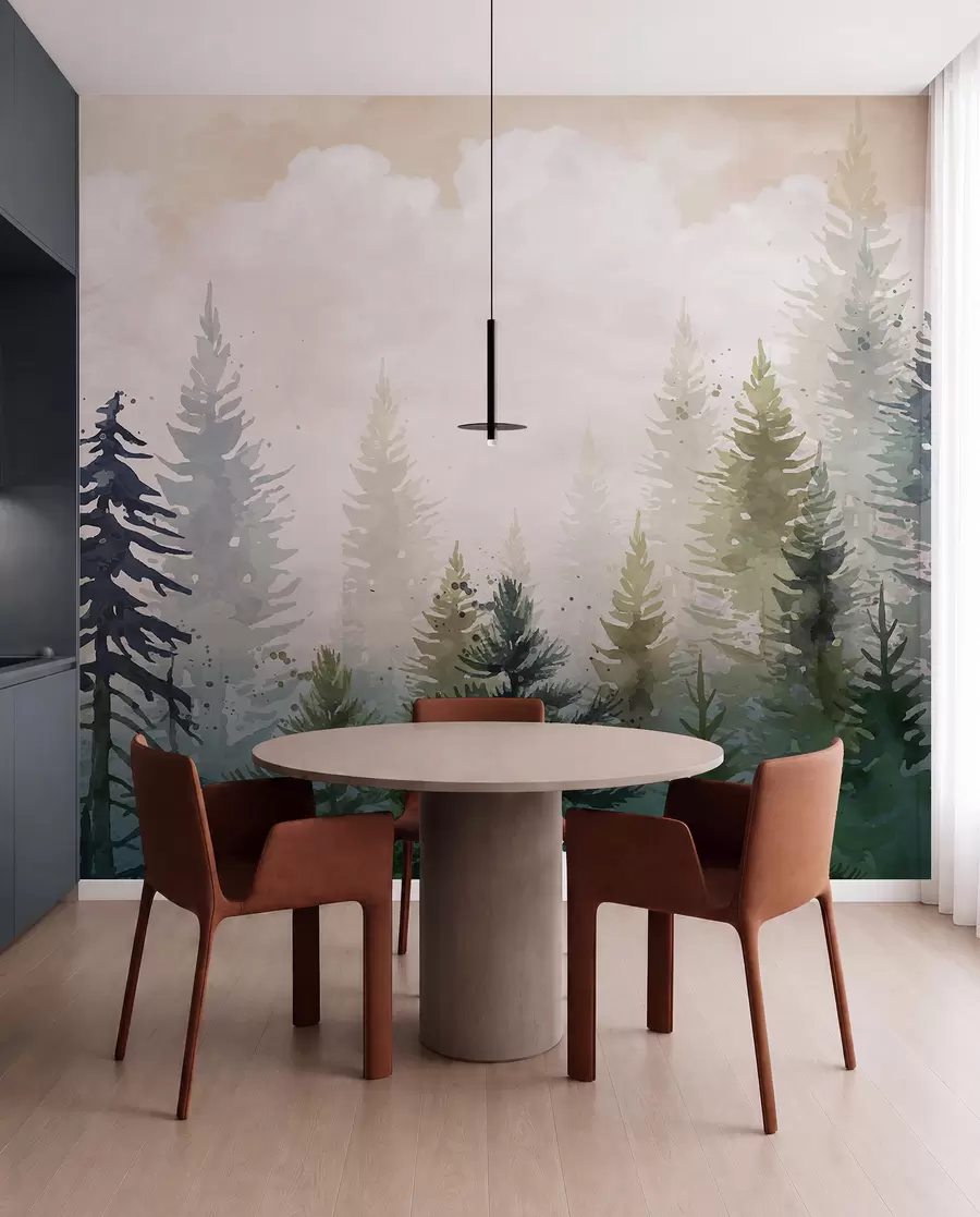 murales de pared Bosque de altos pinos de hoja perenne en un entorno brumoso y lleno de un paisaje de nubes suaves y brumosas w08160