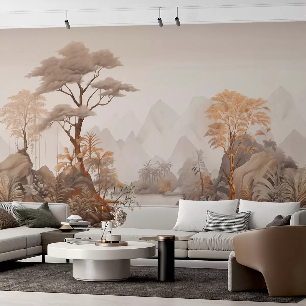 murales de pared Paisaje vintage con árboles, palmeras junto al río con el telón de fondo de las montañas. w00741