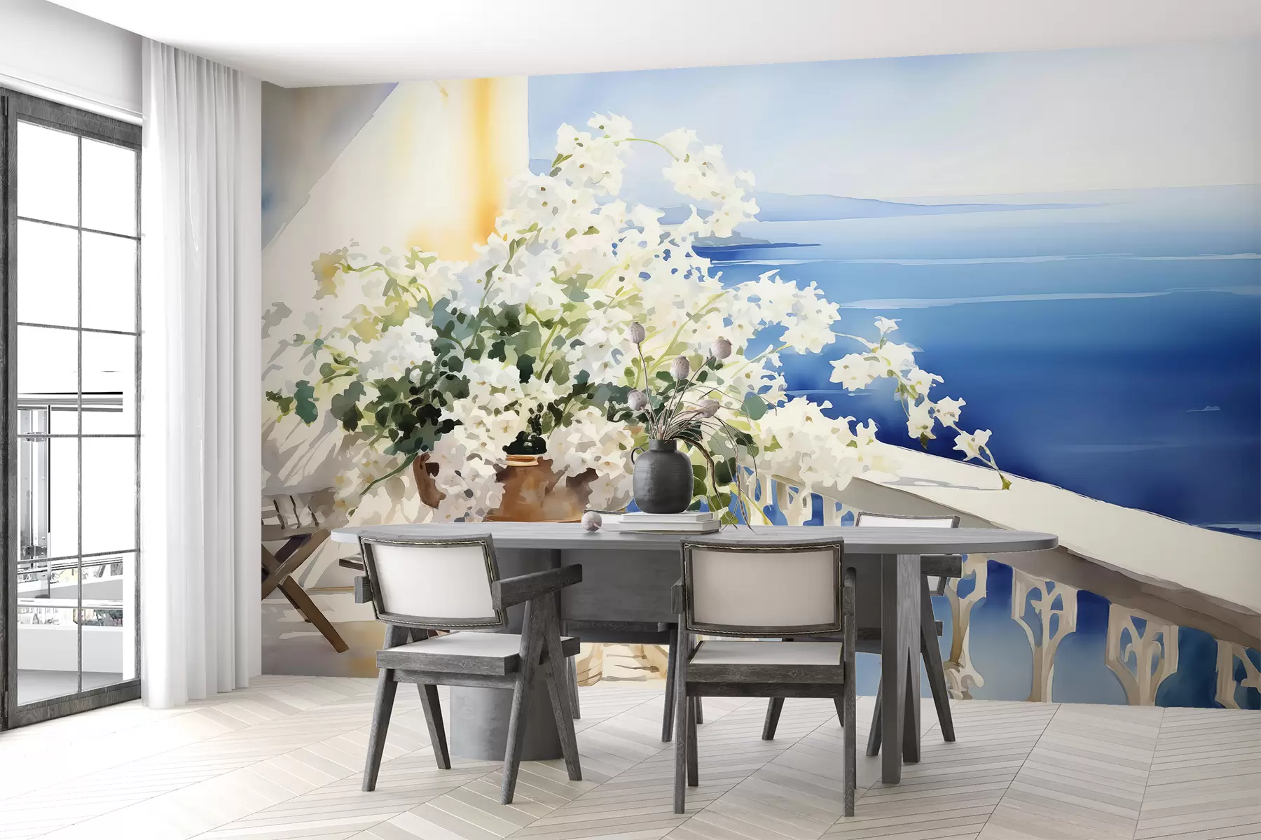murales de pared Lila blanca en una maceta en un balcón con vista al mar acuarela w00942