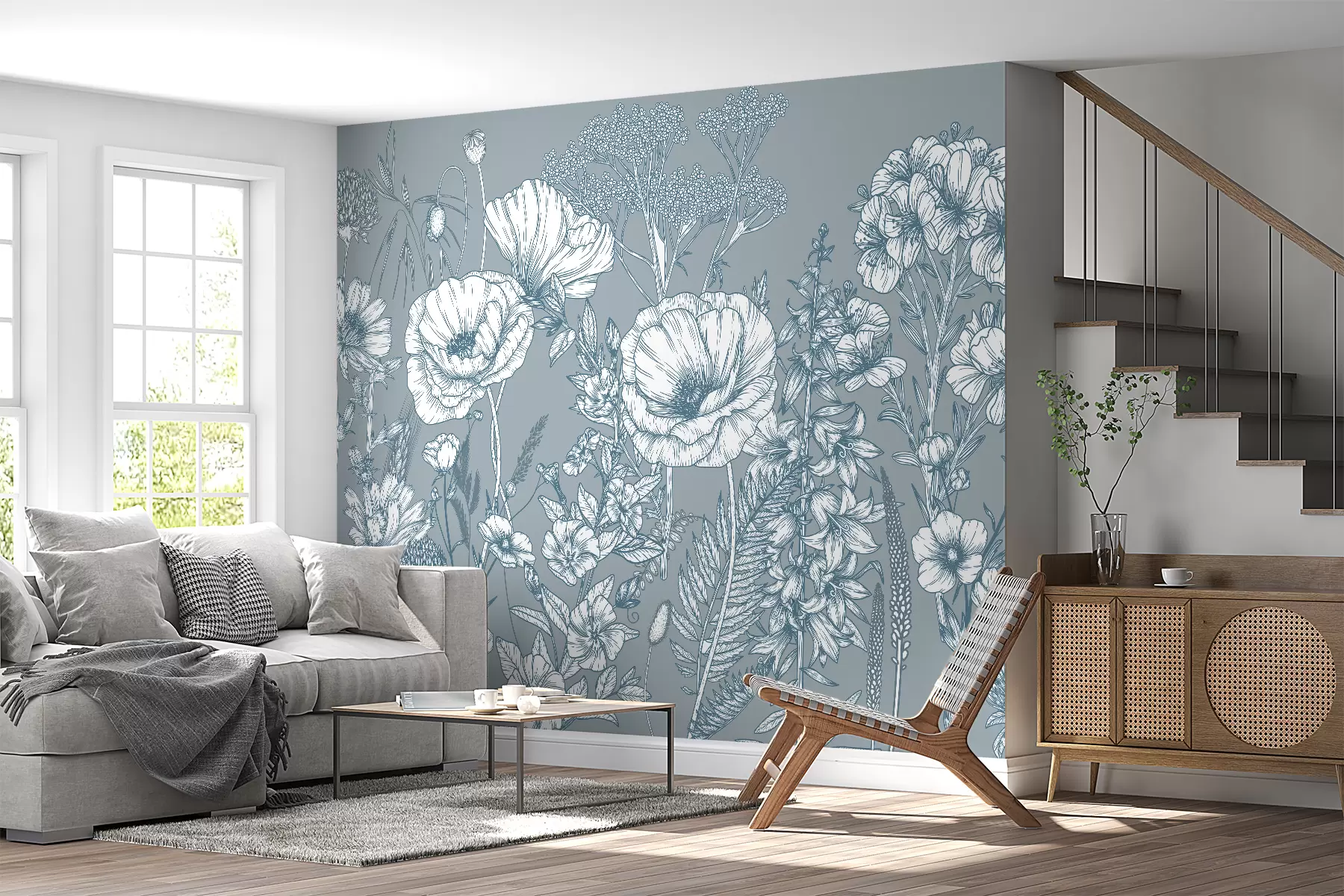 murales de pared Flores, flores silvestres, manzanilla, amapolas sobre fondo beige. w01370