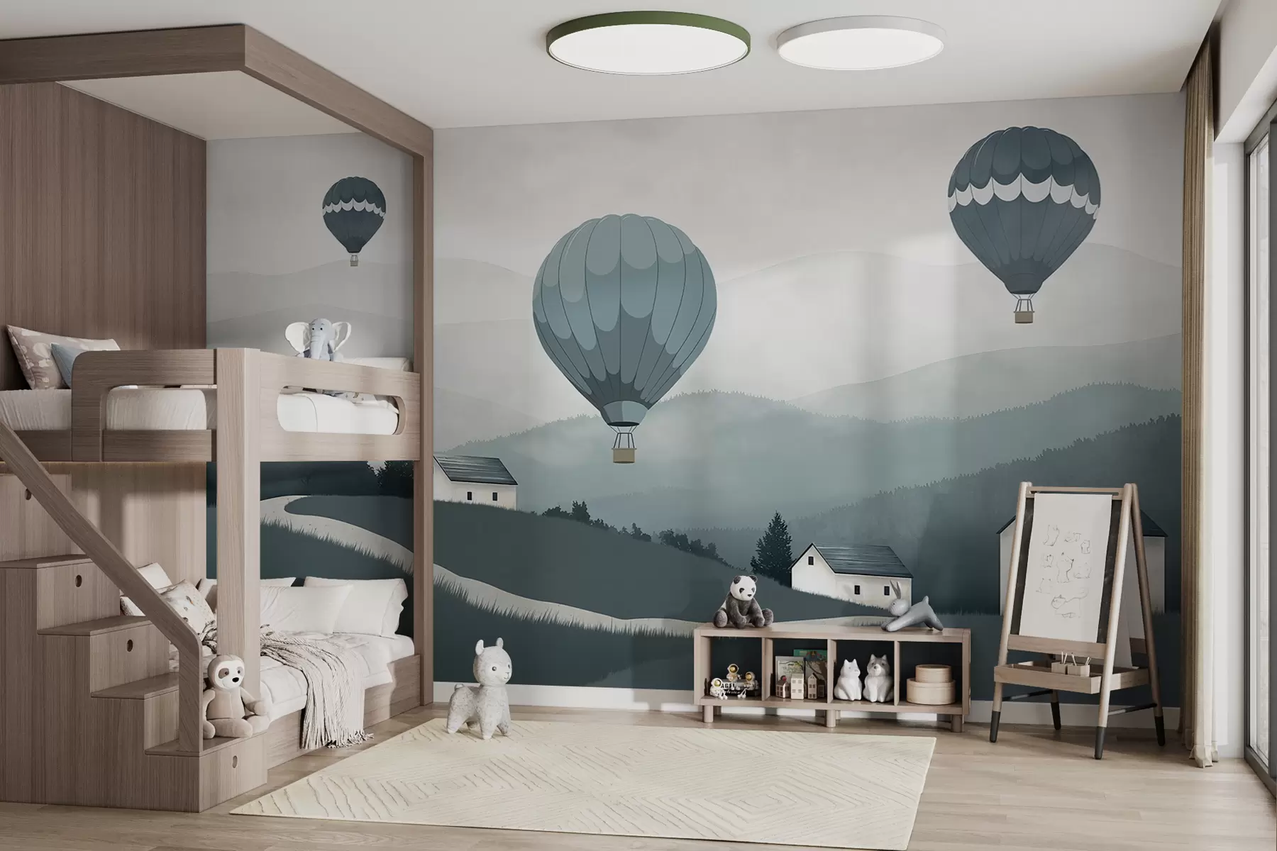 murales de pared Globos sobre el paisaje en tonos azules. w01376