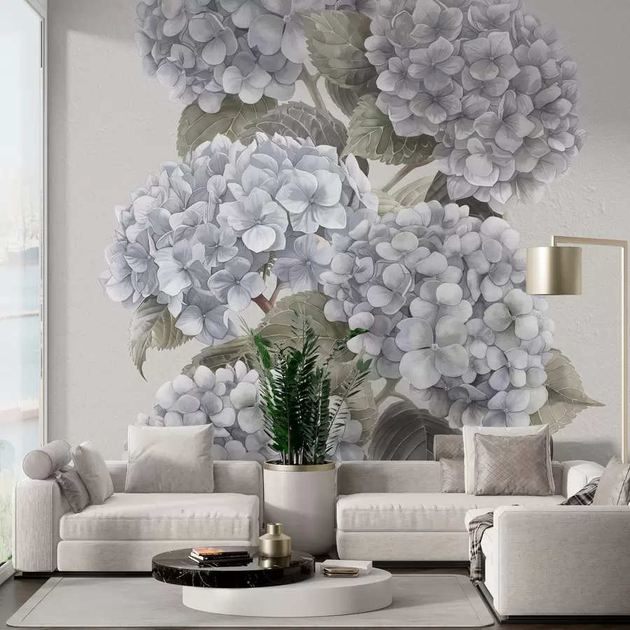 murales de pared Ramas de hortensias en suaves colores pastel. w08176