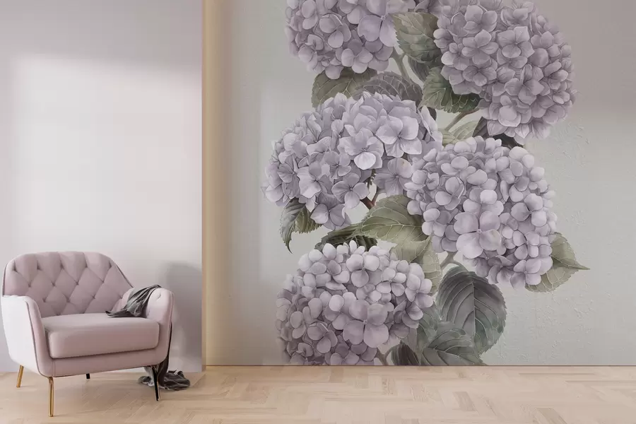 murales de pared Ramas de hortensia en suaves colores rosa w08176v1