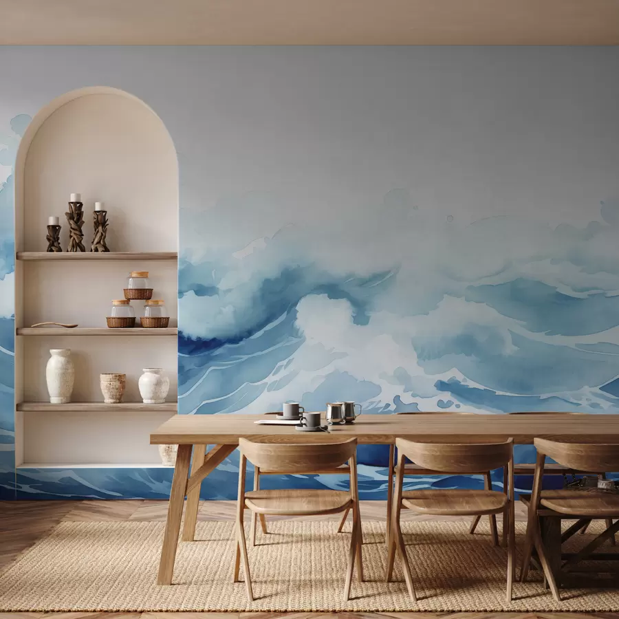 murales de pared Acuarela de olas del mar, color azul w00962