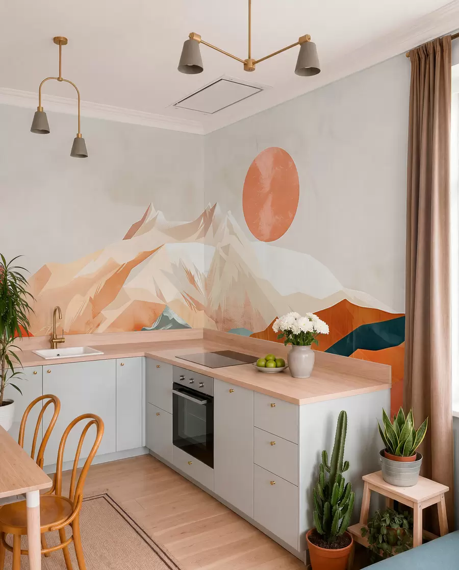 murales de pared Felicidad boho: un paisaje sereno de montañas, árboles y sol w01358