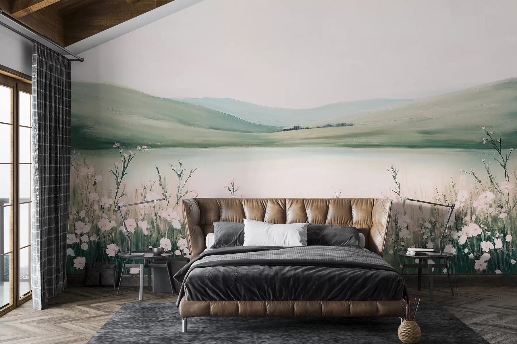 murales de pared Prado de flores, paisaje natural, lago, flores rosadas, colinas verdes w01387