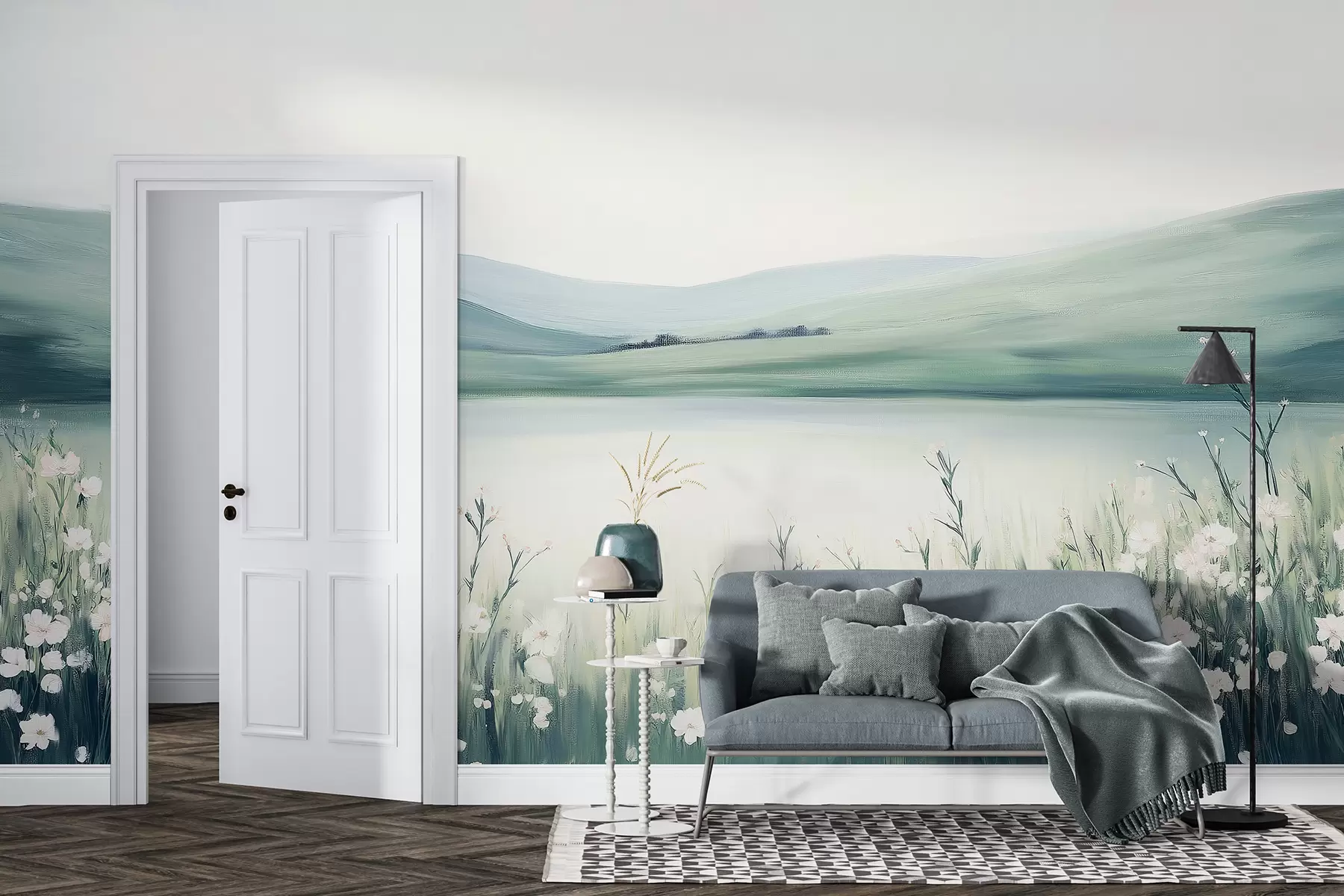 murales de pared Prado de flores, paisaje natural, lago, paleta de colores verde y azul.  w01387v1