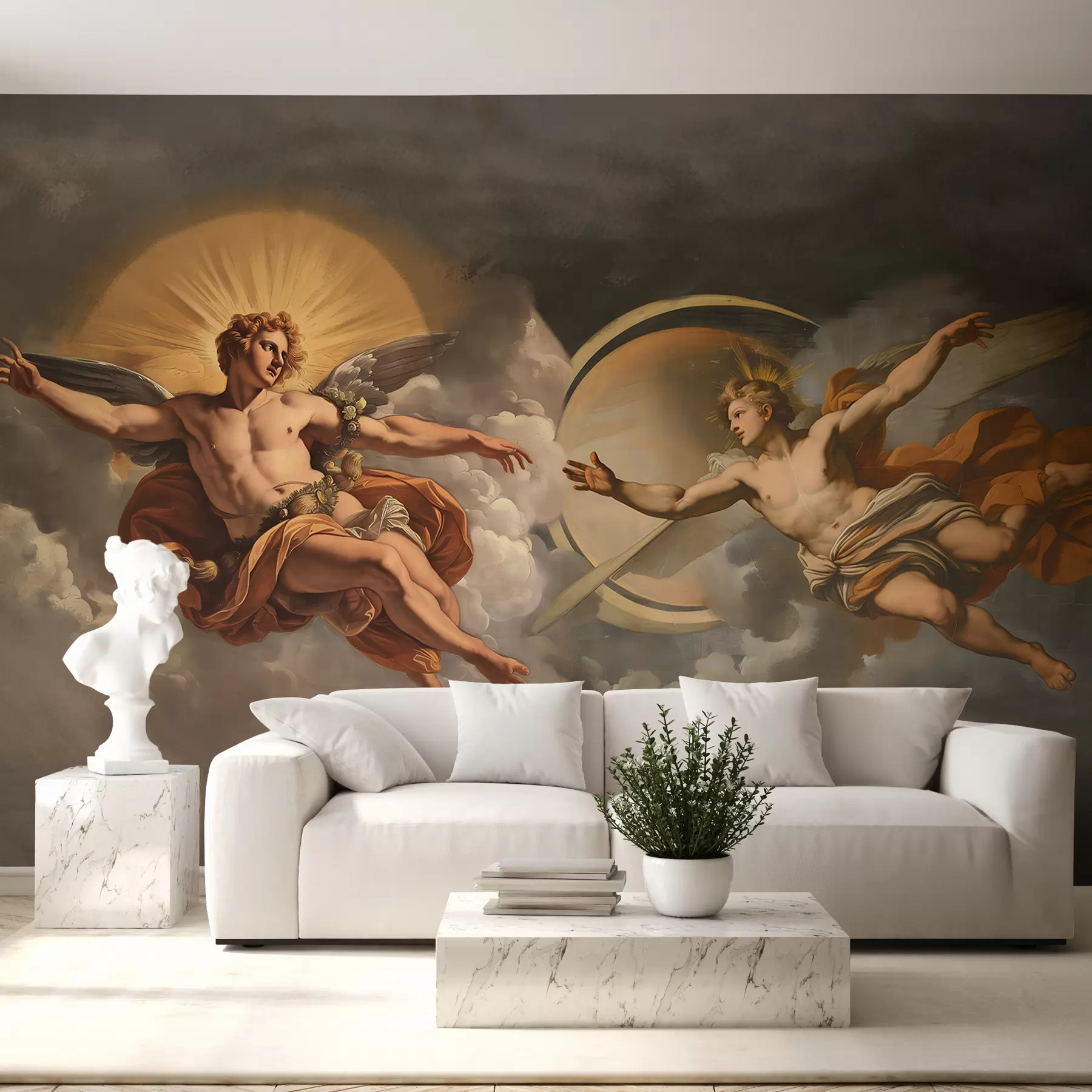 murales de pared Mural de pared al estilo de los frescos renacentistas en tonos beige y oscuros. Dos figuras masculinas de dioses que se estrechan las manos w08137