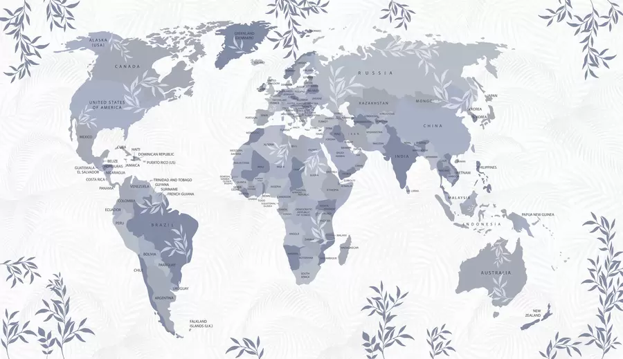 murales de pared Mapa del mundo elegante con hojas y plantas de color azul w08211v4