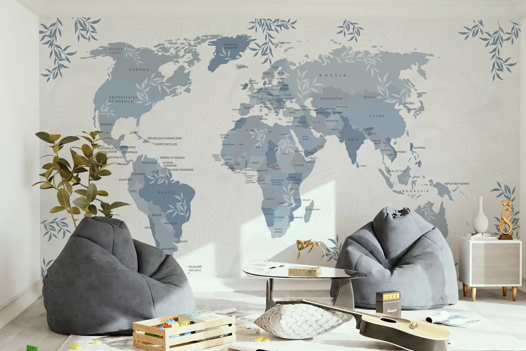 murales de pared Mapa del mundo elegante con hojas y plantas de color azul. w08211v4