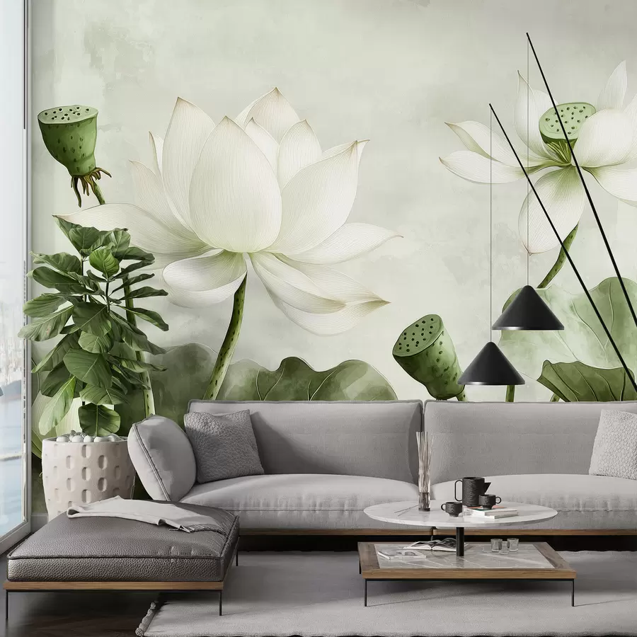 murales de pared Flores de loto, acuarela, naturaleza, composición floral, hojas grandes, colores verdes suaves. w01445v2