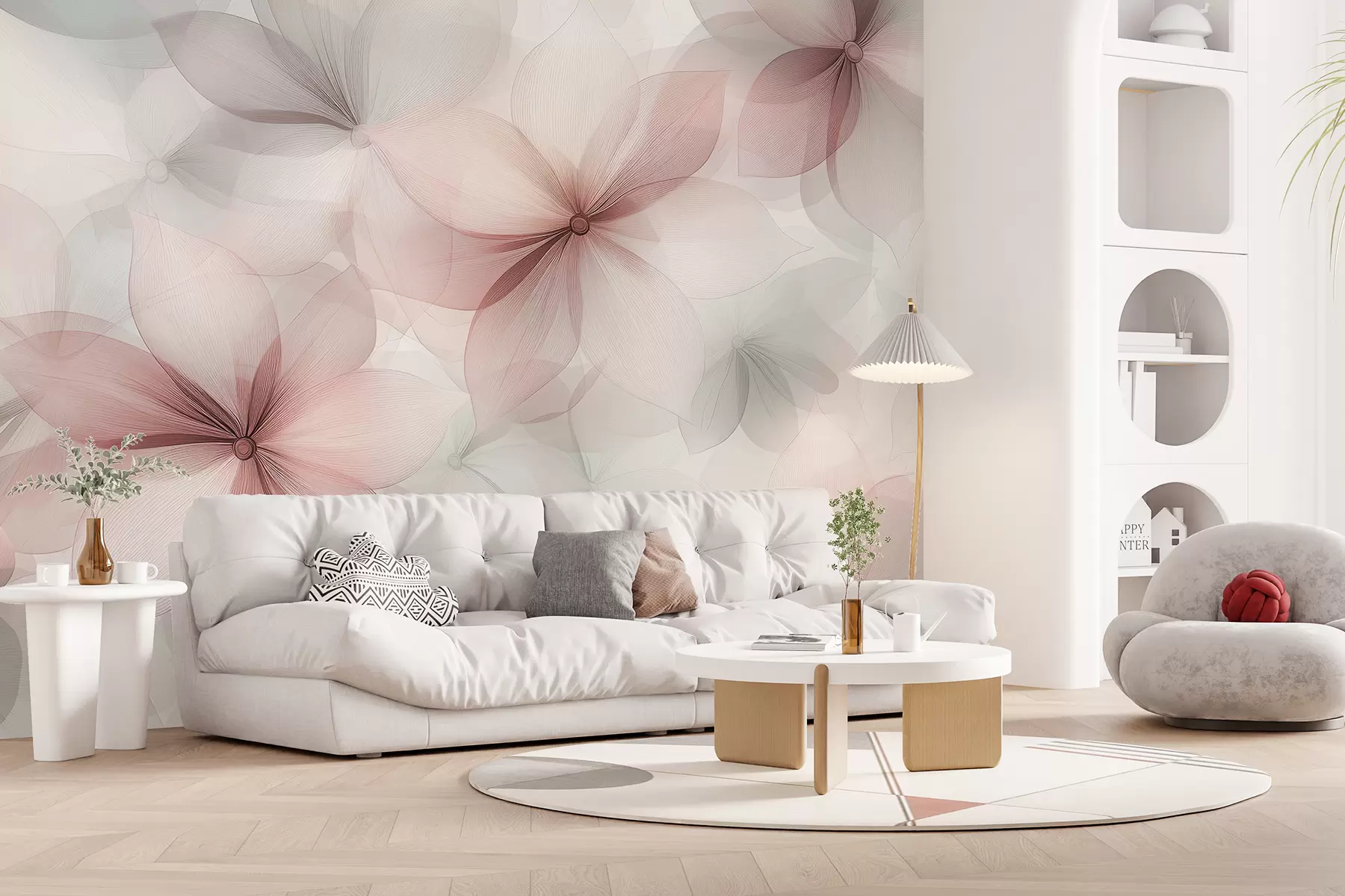 murales de pared Composición floral, colores suaves rosa y gris, patrón de flores. w01446v1