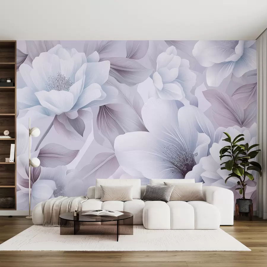 murales de pared Hermosas flores acrílicas, composición floral, naturaleza, colores pastel azul y morado. w01449v2
