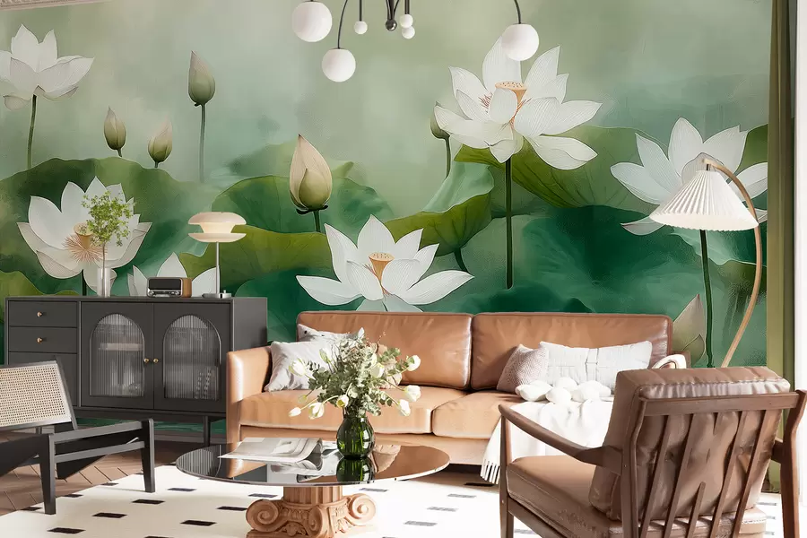murales de pared Lotos en el lago, naturaleza, niebla, dibujo acrílico, hojas grandes, jungla, colores naturales suaves w01450