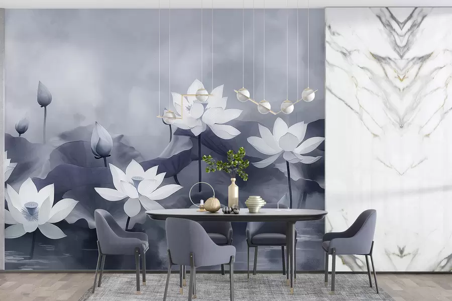 Murales de pared Lotos en el lago, naturaleza, niebla, dibujo acrílico, hojas grandes, jungla, colores grises suaves w01450v1 murales de pared Lotos en el lago, naturaleza, niebla, dibujo acrílico, hojas grandes, jungla, colores grises suaves w01450v1