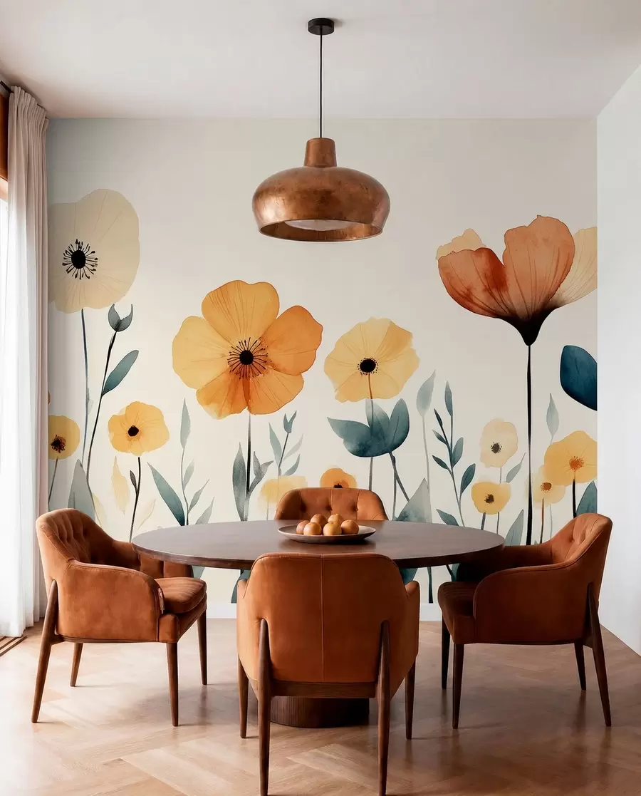 murales de pared Acuarela de flores de prado, rústica, composición floral, dibujo sencillo, beige, naranja, azul  w01453