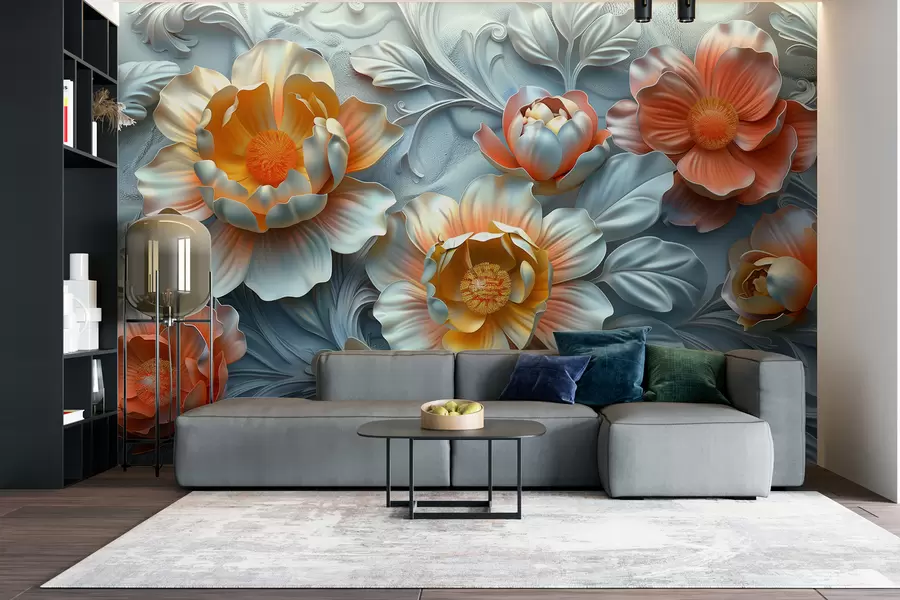 murales de pared Ilustración 3D de flores abstractas brillantes en estilo barroco sobre un fondo vegetal w01427
