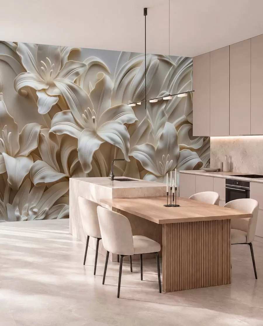murales de pared Elegante relieve tridimensional de color beige de lirios tallados w01433