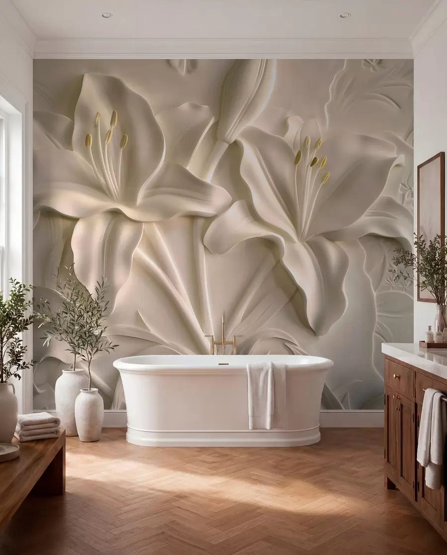 murales de pared Bajorrelieve de grandes lirios beige w01434