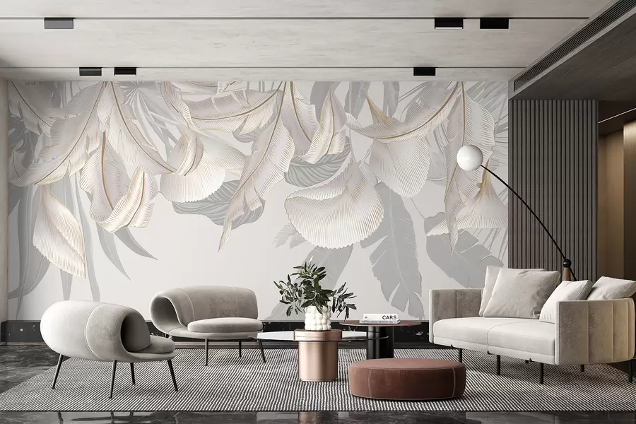 murales de pared Delicadas hojas tropicales florales blancas y grises que crean un fondo suave y etéreo w08217
