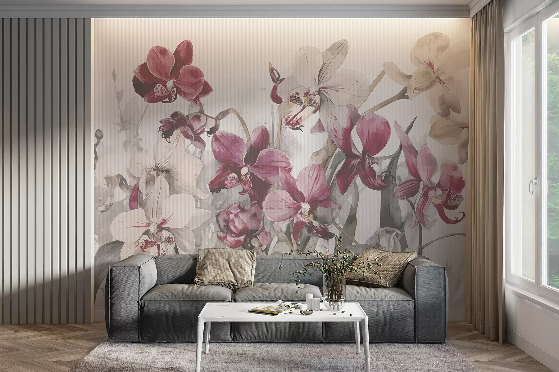 murales de pared Flores de orquídeas blancas y rosas vibrantes sobre un fondo con textura de acuarela clara w08225