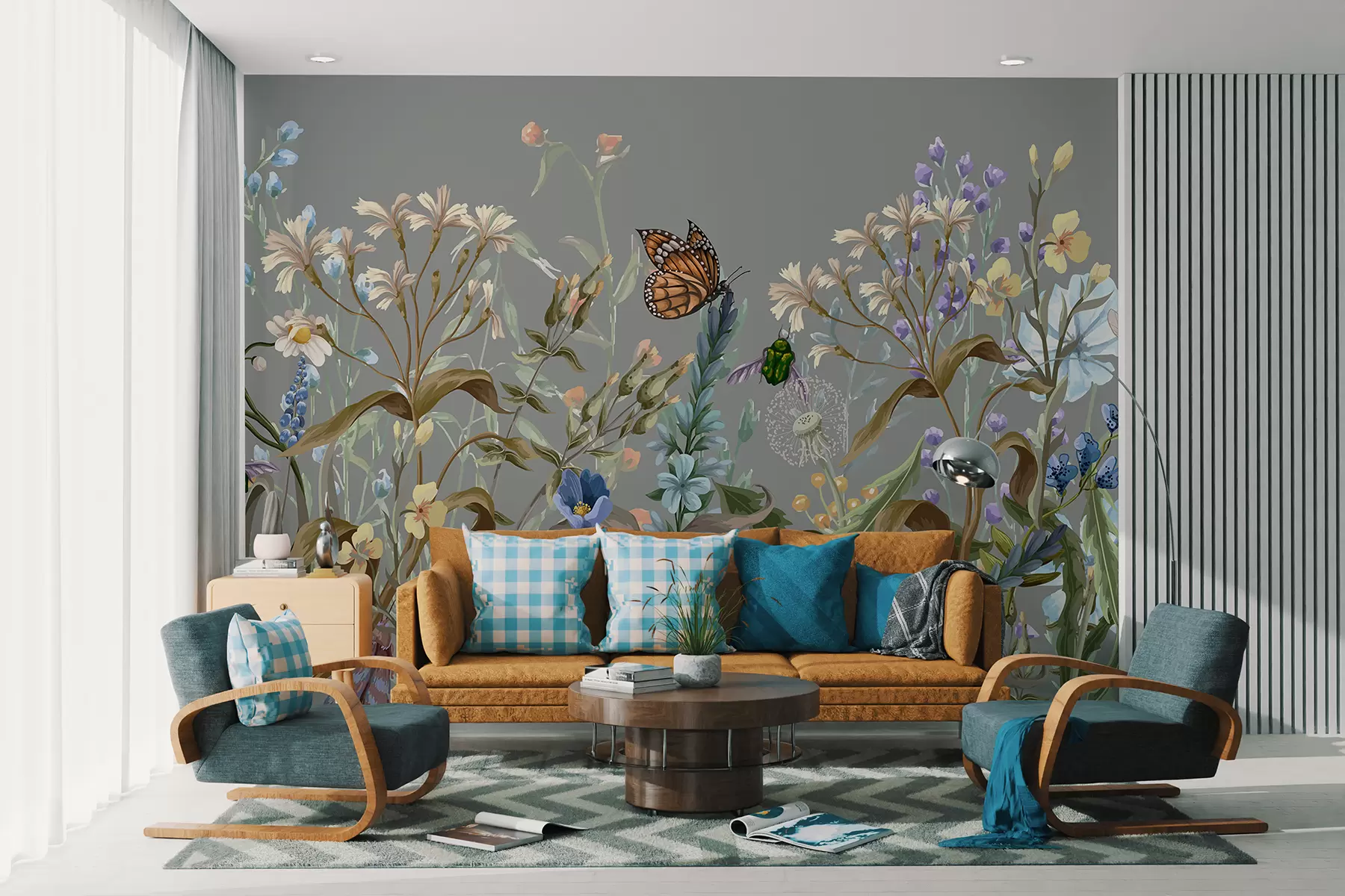 murales de pared Una colorida ilustración azul de una escena de jardín de flores exuberantes con insectos en un estilo fantástico y onírico. w08234