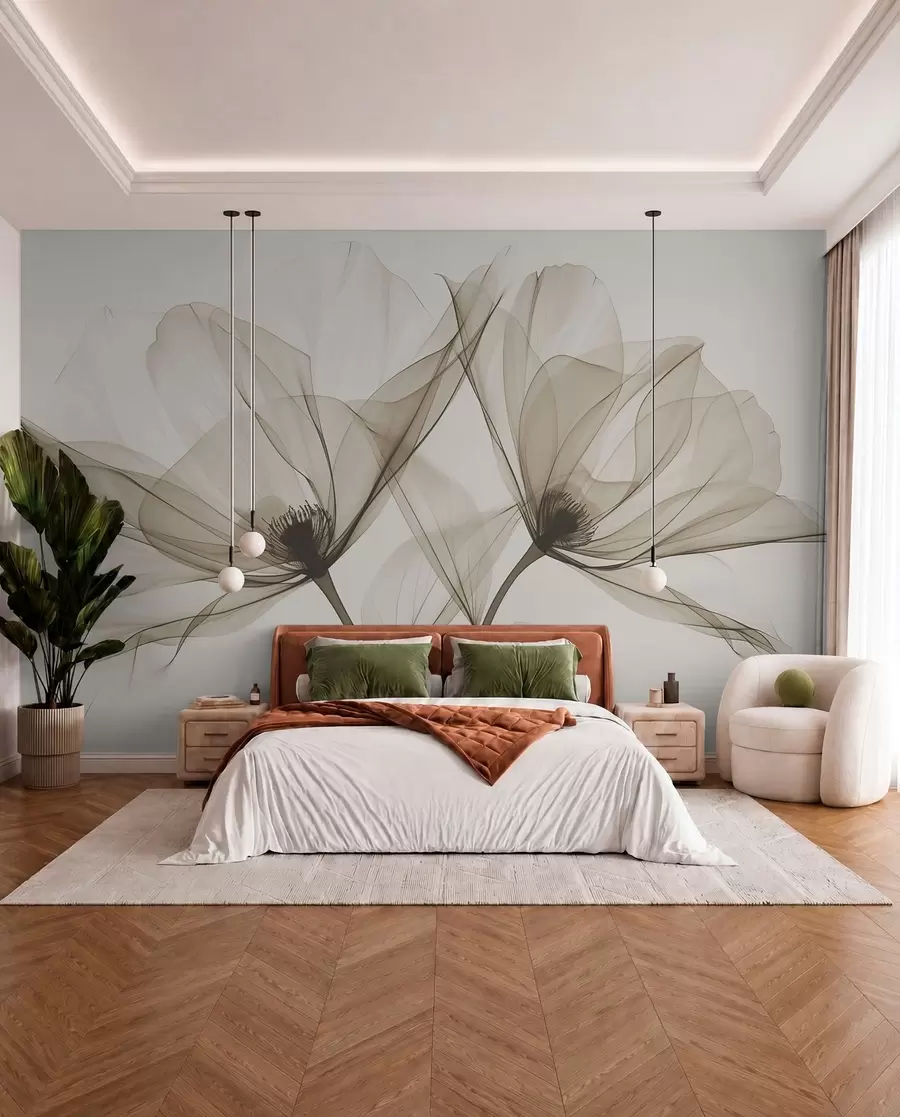 murales de pared Flor azul transparente en estilo de rayos X sobre fondo blanco Diseño botánico monocromático minimalista w01482v1
