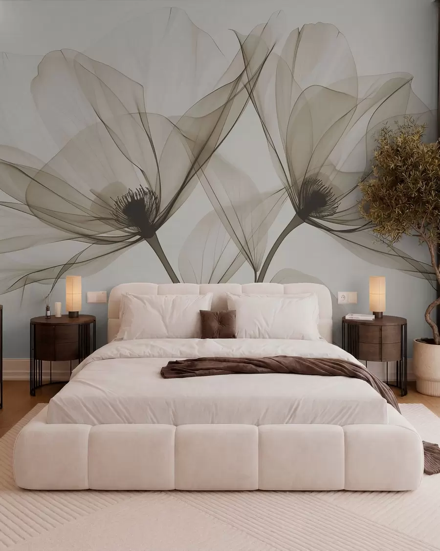 murales de pared Flor azul transparente en estilo de rayos X sobre fondo blanco Diseño botánico monocromático minimalista w01482v1