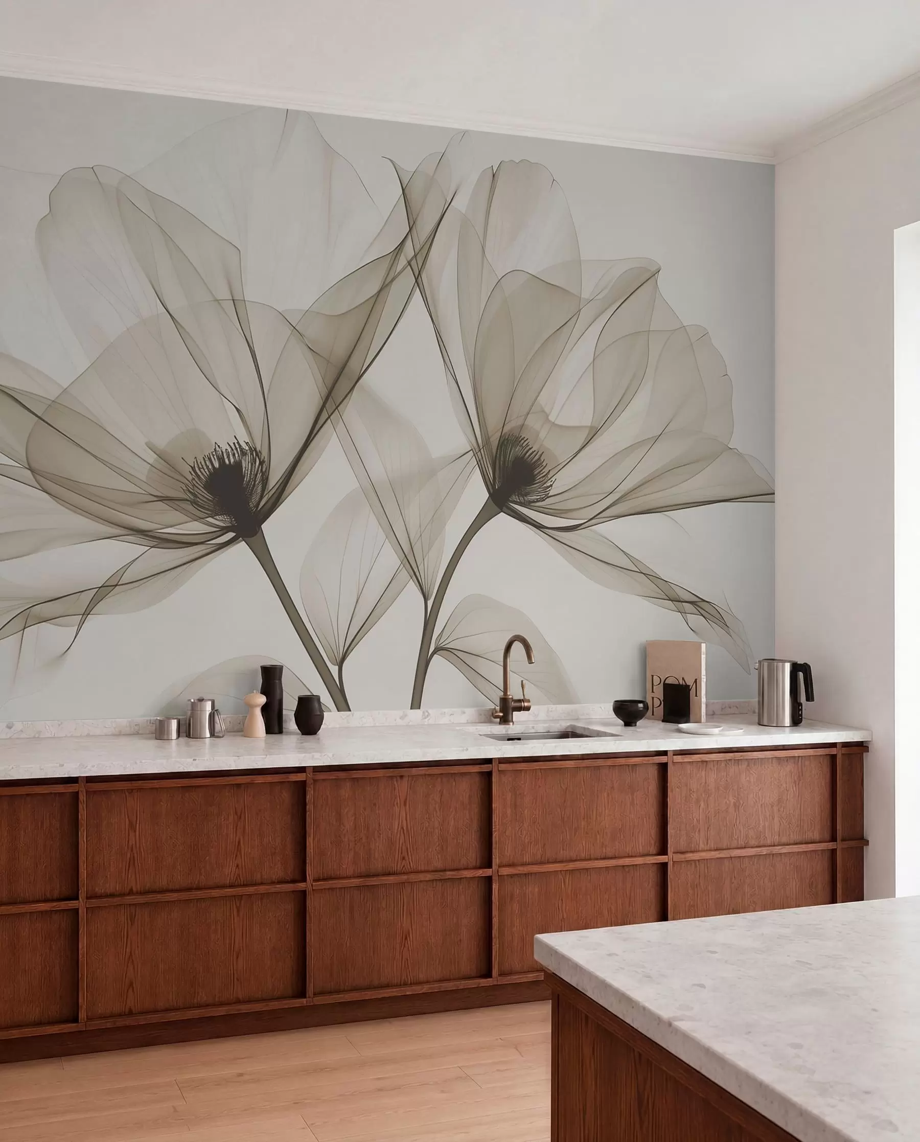 murales de pared Flor azul transparente en estilo de rayos X sobre fondo blanco Diseño botánico monocromático minimalista w01482v1