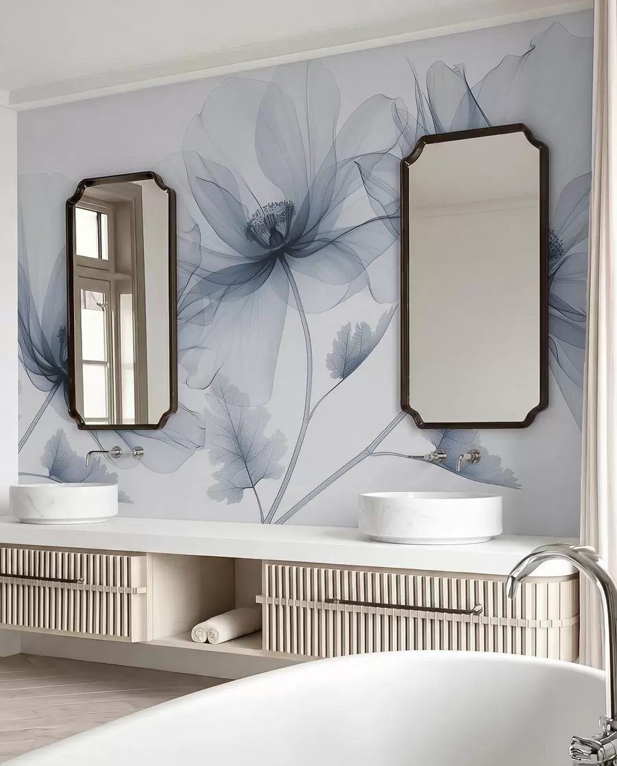 murales de pared Flor azul transparente en estilo de rayos X sobre fondo blanco Diseño botánico monocromático minimalista w01482v1