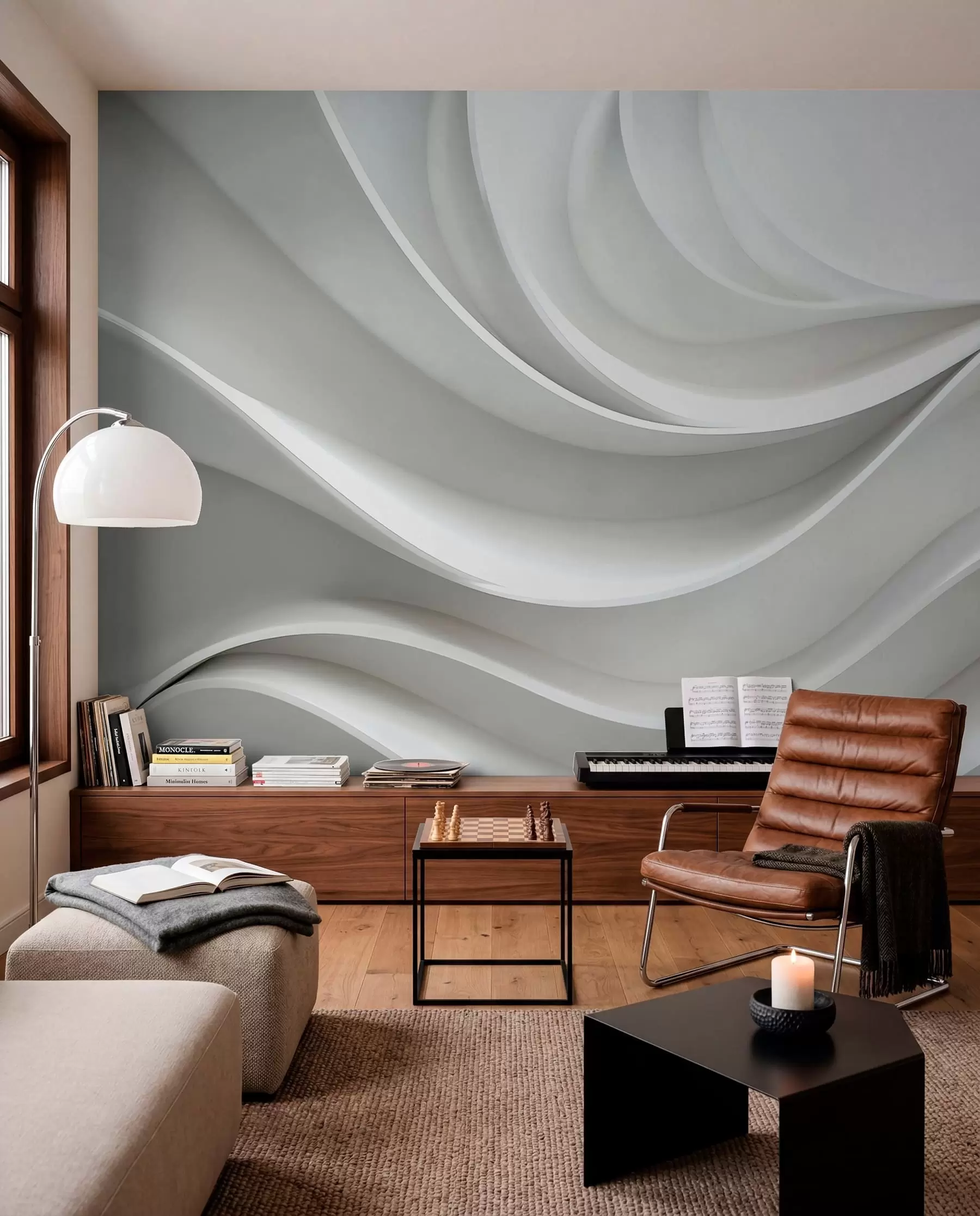 murales de pared Forma de onda abstracta volumétrica 3D blanca w01471