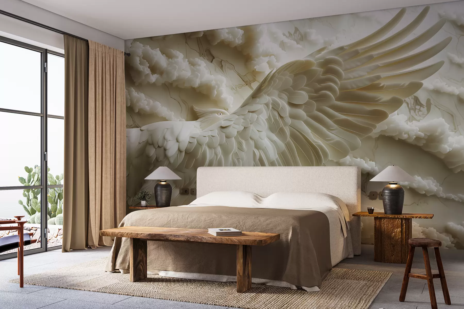 murales de pared Águila blanca voladora en 3D sobre un fondo de nubes y mármol w01476