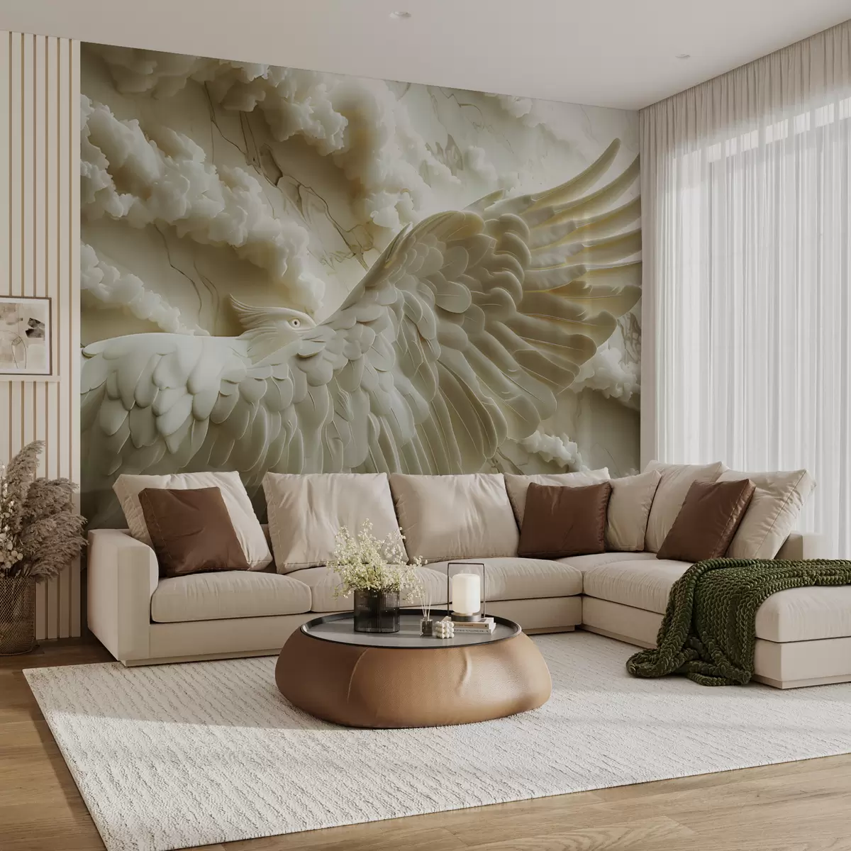 murales de pared Águila blanca voladora en 3D sobre un fondo de nubes y mármol w01476