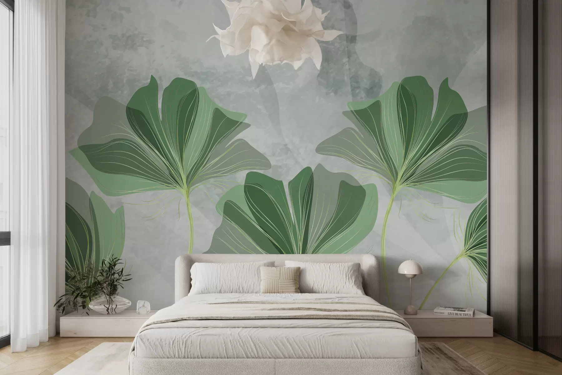 murales de pared flores grandes, acuarela, flores verdes, fondo gris w01031v1